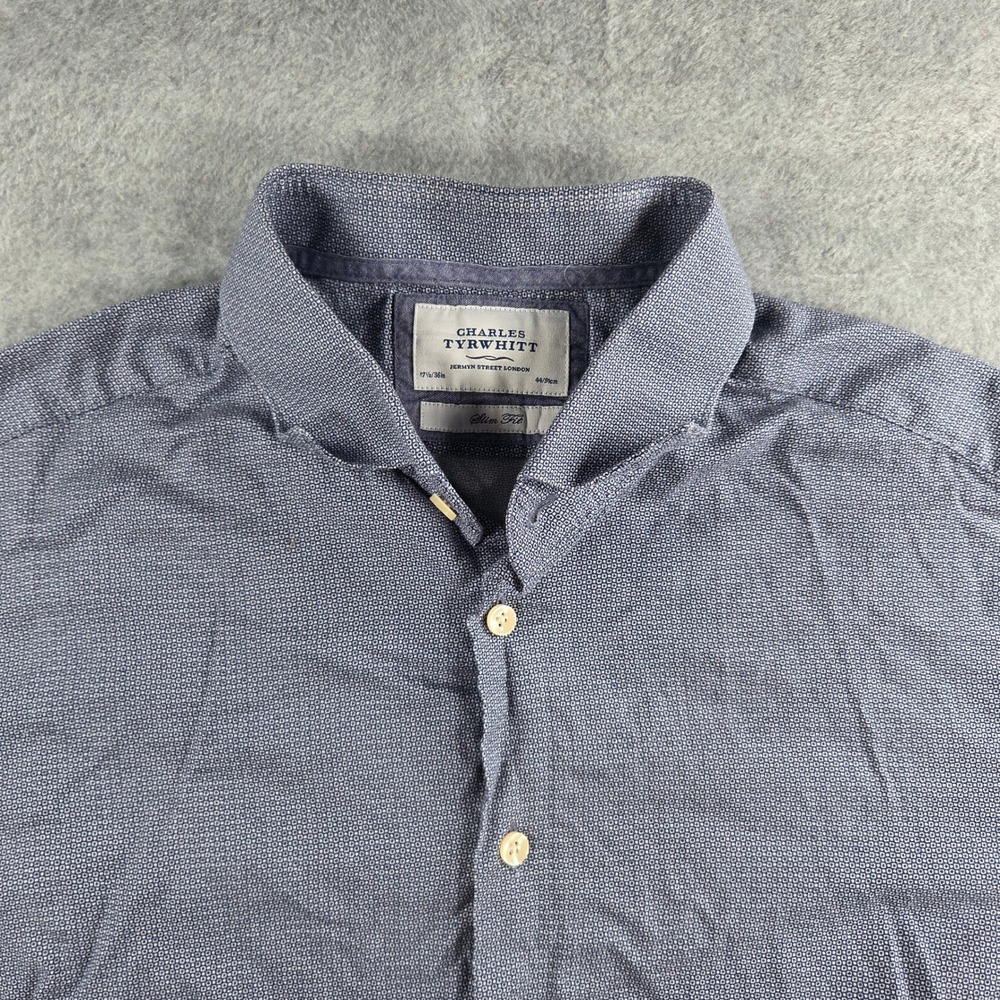 Charles Tyrwhitt Button Down Men 17.5/36 Navy Blue Slim Fit Micro Geometric